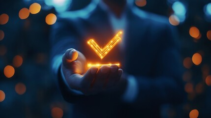 A businessman's hand holds a glowing checkmark, symbolizing trust, success, approval, reliability, and positive outcomes. This image represents a confident and trustworthy professional who delivers on