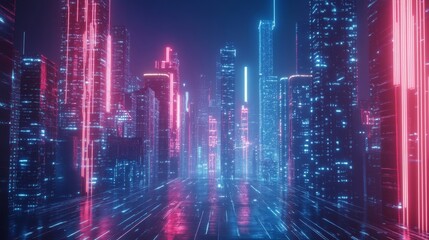 Fototapeta premium A captivating futuristic cityscape bathed in vibrant neon lights, showcasing towering holographic skyscrapers that reflect the city's energy and technological advancement. The vibrant colors symbolize