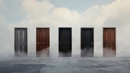 Fototapeta premium Threshold of Possibilities: Five doors emerge from the mist, symbolizing choices, opportunities, and the unknown in a captivating visual metaphor.