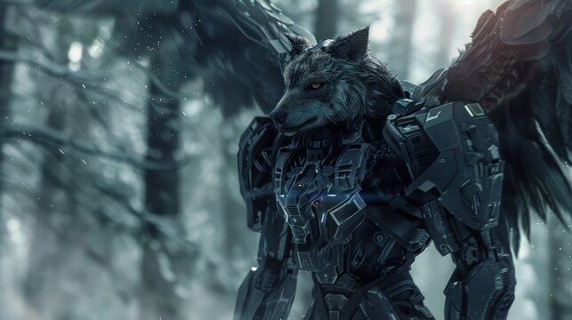Advanced technology cyborg winged werewolf. AI generated images.