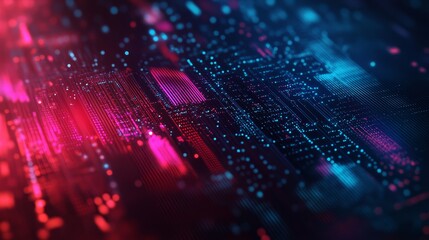 Obraz premium Digital Abstract Neon Lines and Glowing Dots, 3D Render, Cyberpunk, Technology, Futuristic, Network