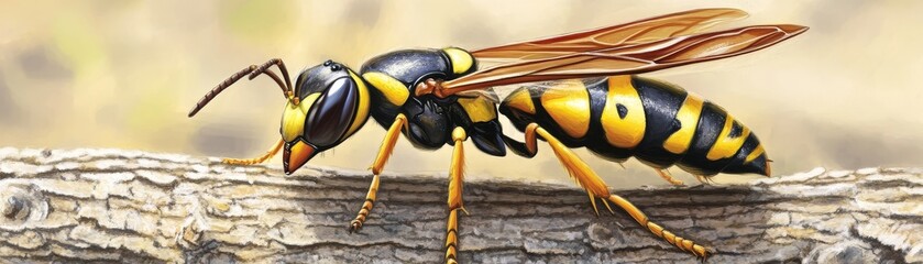 Digital Painting of a Yellow Jacket Wasp on a Branch, digital art, insect, macro, nature, wasp