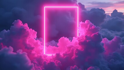 Abstract neon background with glowing square shape and spinning cloud. Blank geometric frame in the sky.