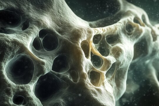 A close-up microscopic image of a giant cell tumor of bone, showcasing the characteristic porous and irregular structure of the tumor. The image highlights the abnormal bone growth and the presence of