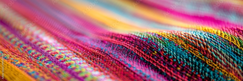 Poster a close-up of a colorful fabric with a complex weave, showcasing the intricate details and texture. 