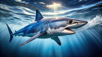 Obraz premium A sleek and powerful mako shark breaks through the ocean's surface, its streamlined body and pointed snout slicing through the waves with deadly precision.