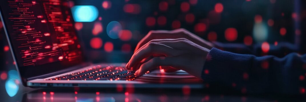 A close-up of a person's hands typing on a laptop keyboard, the screen is illuminated with red code. The image symbolizes ethical hacking, cybersecurity, digital security, data protection, and online 