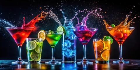 Vibrant cocktails with bright colors splashing on a dark background, cocktail, drink, vibrant, colorful, splash, liquid, beverage