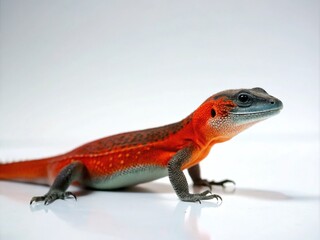 Obraz premium A sleek lizard basks in the warm sunlight, its scaly skin a gentle blend of earthy tones, against a blank white backdrop.