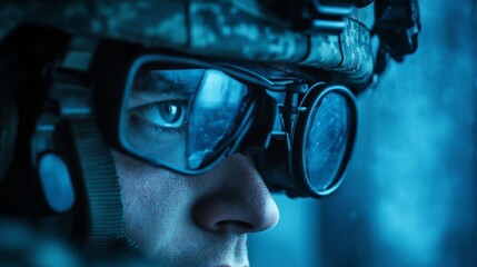 A close-up portrait of a soldier wearing night vision goggles, with a focused gaze and an intensity in his eyes. The image evokes concepts of military preparedness, surveillance, and the ability to se