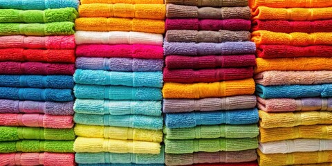 Colorful towels arranged neatly in layers, bathroom, home, decor, towels, colorful, pattern, design, vibrant, stack, layers