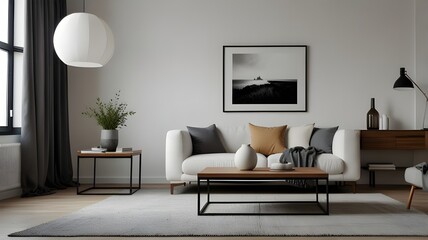 Pouf and side table near white sofa against fireplace and white wall with poster frame. Minimalist interior design of modern living room, home.