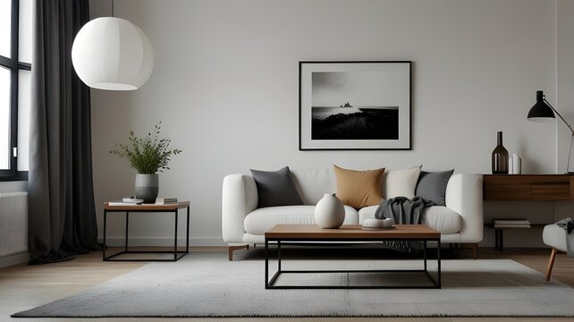 Pouf and side table near white sofa against fireplace and white wall with poster frame. Minimalist interior design of modern living room, home.