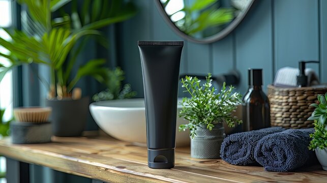 Mock up of toothpaste in a plain tube on a bathroom shelf, minimalist bathroom background 