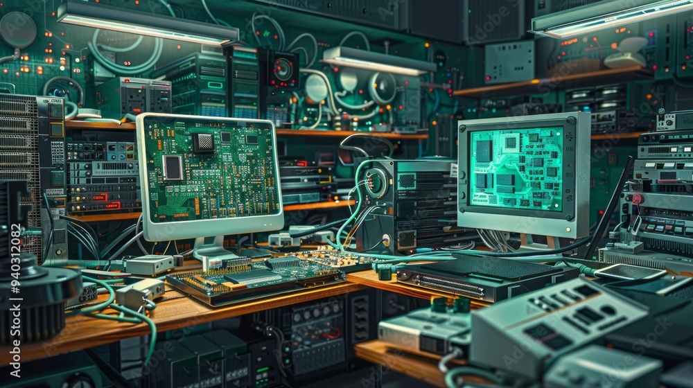 Poster close-up view of computer repair shop workbench featuring circuit boards and computer parts spread o