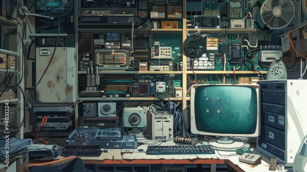 Poster close-up view of computer repair shop workbench featuring circuit boards and computer parts spread o