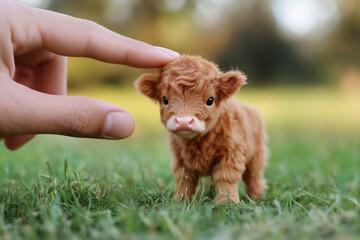 Fototapeta premium Charming Tiny Highland Cow with Fluffy Ginger Fur. World's Smallest Adorable Miniature Cow.