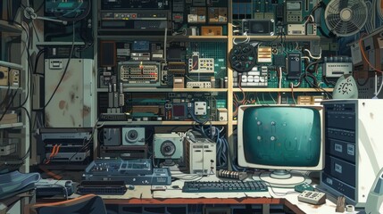 Fototapeta premium Close-up view of computer repair shop workbench featuring circuit boards and computer parts spread out for troubleshooting and maintenance, ideal for technology and it repair visuals