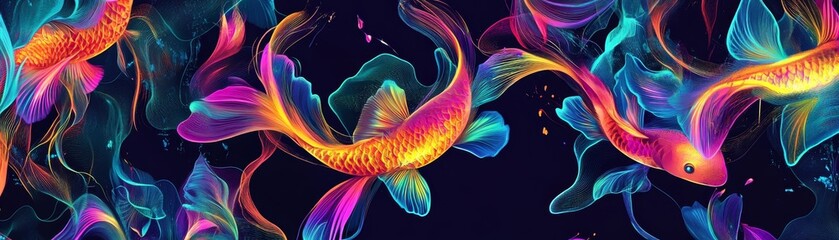 Obraz premium Neon Koi Fish, digital art, abstract, colorful, underwater , koi , fish