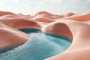 Fototapeta premium Surreal landscape of pink dunes with tranquil blue water