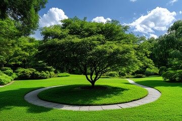 Fototapeta premium A sad willow tree in an overgrown garden, with its branches creating a natural, sheltered space for solitude and reflection