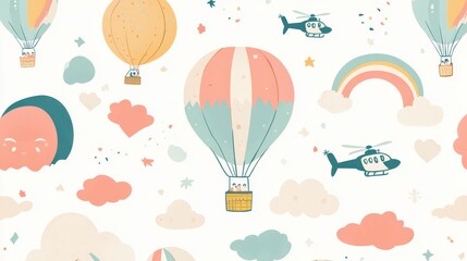 Pastel Sky with Hot Air Balloons and Helicopters, Hot Air Balloon, Pastel Color, Illustration , Pattern