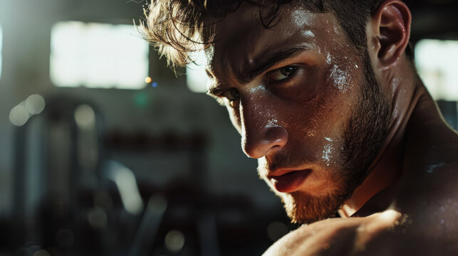 A side-angle close-up of a bodybuilder during a workout, bicep curl in action, muscle definition highlighted by direct sunlight,