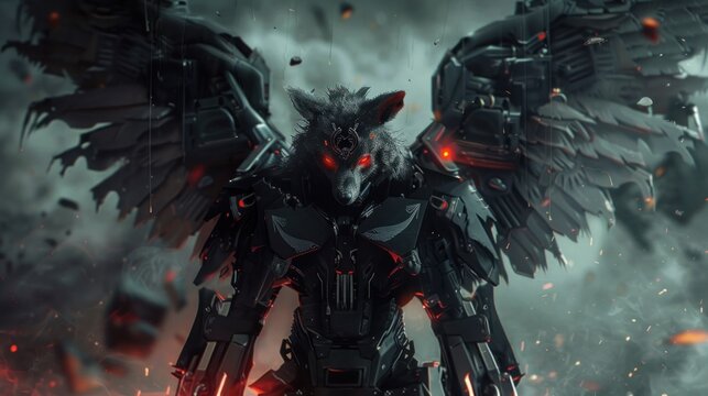 Advanced technology cyborg winged werewolf. AI generated images.