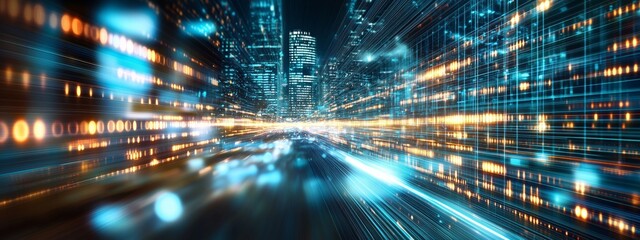 Dynamic business environment showcasing the concept of rapid digital transformation with vibrant lines of data and skyscrapers in the background symbolizing speed and technological advancement
