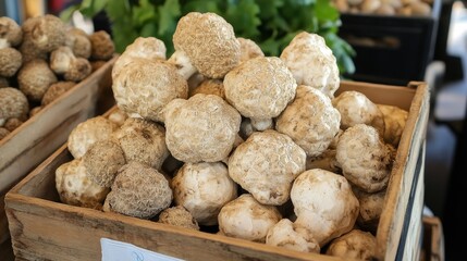 Fototapeta premium A close-up shot of a wooden crate overflowing with fresh white truffles, showcasing their earthy aroma, delicate texture, and gourmet appeal. The image evokes feelings of luxury, culinary delight, and
