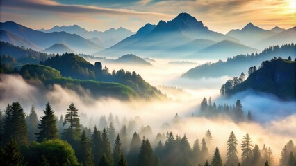 Obraz premium Foggy mountain range with trees and mountains, foggy, misty, scenic, nature, landscape, wilderness, remote, serene, tranquil, ethereal