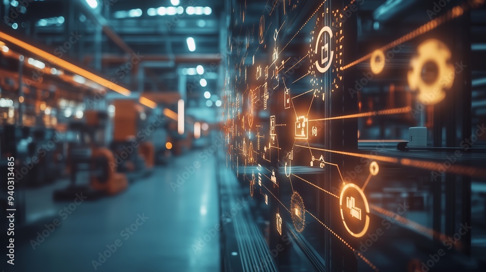 Poster futuristic industrial environment with digital interfaces and data streams representing the integrat
