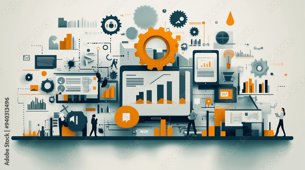 Poster graphic representation of industrial and business processes featuring gears charts and digital eleme