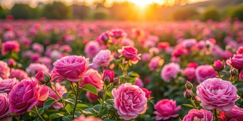 Obraz premium Field of vibrant pink roses in bloom during golden hour, roses, pink, vibrant, greenhouse, cultivation, flowers