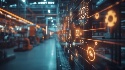 Fototapeta premium Futuristic industrial environment with digital interfaces and data streams representing the integration of technology in modern manufacturing and production processes