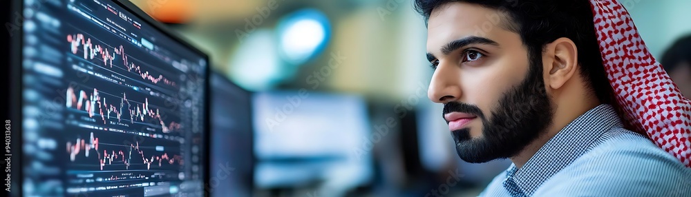 Poster man looking at stock market data on computer screen - realistic photo