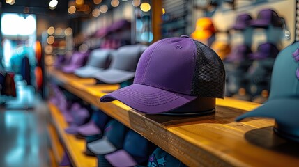 mock up of trucker hat in store, displayed on mannequin, store background with accessories rack