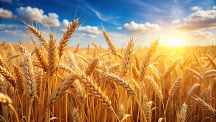 Fototapeta premium A close up of ripe golden wheat ready for harvesting in a sunny field, wheat, agriculture, harvest, farm, crop, rural, nature, growth