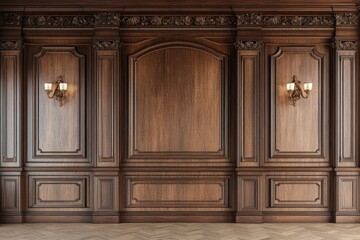 Classic cabinet wall of brown wood panels wallpaper, ai