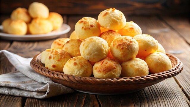 Closeup of Brazilian cheese bread (pao de queijo) on a plate on a table, Brazilian, cheese bread, pao de queijo, closeup