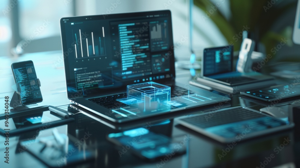  futuristic computer technology concept with networked devices on desk: laptops, phones, and tablets 