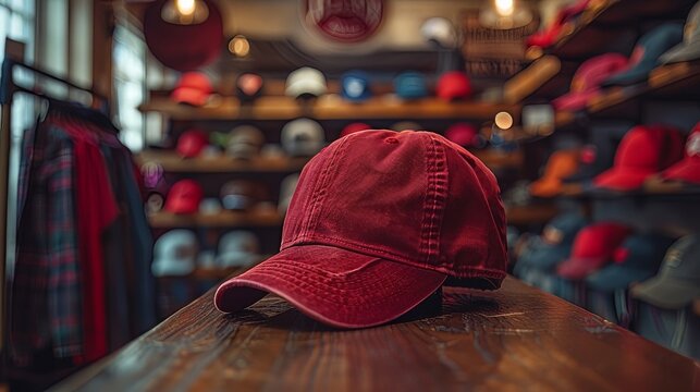 mock up of trucker hat in store, displayed on mannequin, store background with accessories rack