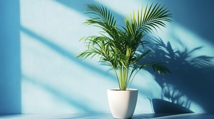 Obraz premium Sunlight Through Palm Leaves on Blue Wall, Minimalist , Indoor Plant , Home Decor , Shadow