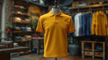 Obraz premium Mock up of polo shirt in shop, displayed on mannequin, shop background with clothes rack