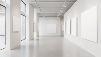 Obraz premium A contemporary art gallery with pristine white walls and a sleek, minimalist design featuring blank canvases, perfect for showcasing artwork or branding. The space is filled with natural light, creati
