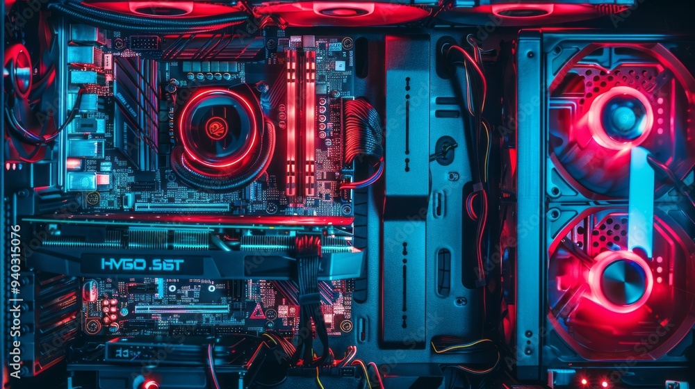 Poster high-performance desktop pc with open hardware featuring circuit board and internal led rgb lights, 