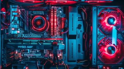 High-performance desktop pc with open hardware featuring circuit board and internal led rgb lights, concept of advanced gaming technology and modern computing