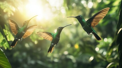 Three Hummingbirds in Flight, Sunlit Canopy, Green and Brown Feathers, Blurred Background, Hummingbird, Bird, Nature
