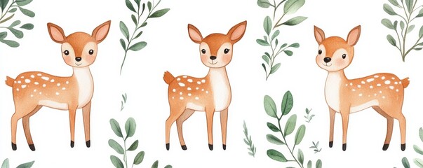 Three Watercolor Deer with Green Leaves, Watercolor, Cute, Deer, Woodland , wildlife , animal