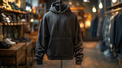 Fototapeta premium mock up of plain hoodie in shop displayed on mannequin, mannequin standing in front of clothes rack